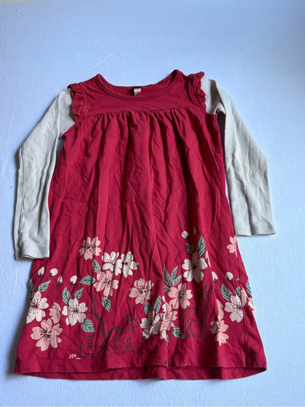 Tea Collection Red Floral Hem Layered Dress with Cream Sleeves